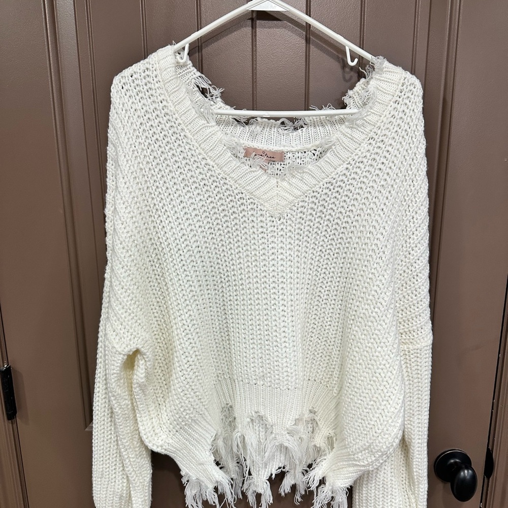 Women's White Distressed Sweater